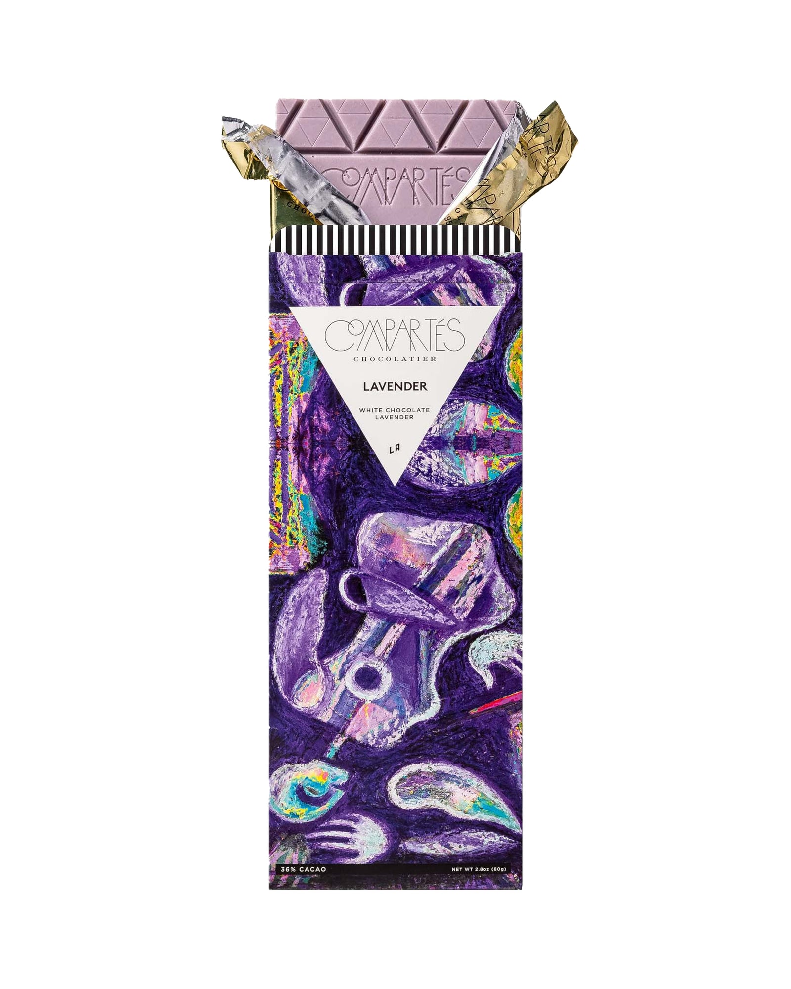 What could be lovelier than lilac colored, lavender infused chocolate?! Made with fresh lavender from California. This chocolate bar is not only delicious but visually stunning, wrapped in a hand drawn ultraviolet design that reflects the gorgeous purple hue of the chocolate inside. Handmade in Los Angeles. 2.8oz.
