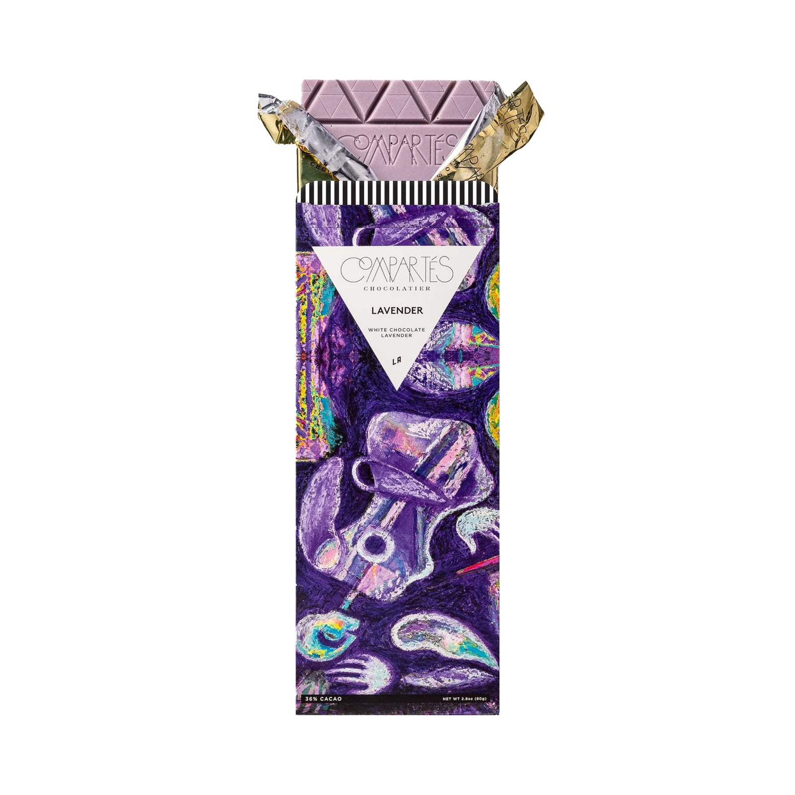 Lavender chocolate bar packaging with colorful design on a white background