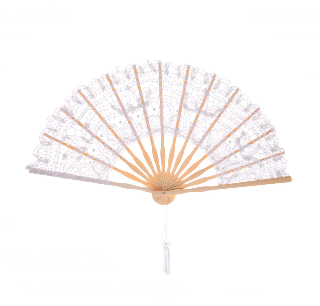 Keep cool whilst looking effortlessly elegant with this pretty white lace fan. This traditional hand-fan has a bamboo wood frame, with white cotton lace which is backed with a light organza mesh. It is trimmed with a white tassel for an extra Regency flourish.    Size when folded: 10.5" x 2". Size when open: 19" x 10".