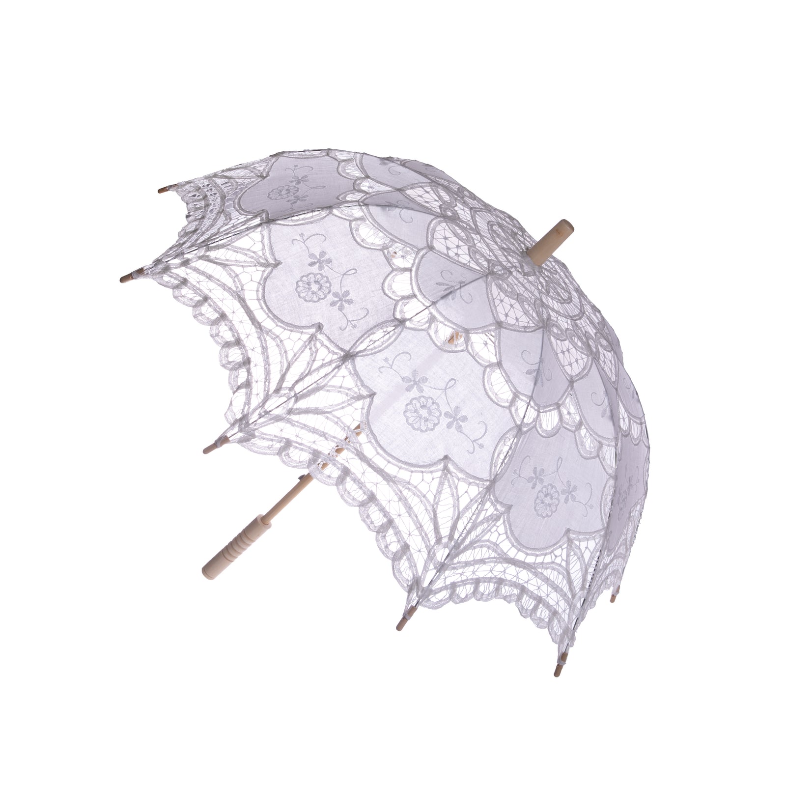 Add a little Regency romance to your afternoon promenade with this elegant white lace parasol. This beautiful, best-selling parasol is made from ivory cotton lace with a sun-proof lining to keep you sunburn-free. White cotton lace with polyester lining Wooden handle, metal spokes. Diameter when open: 30".
