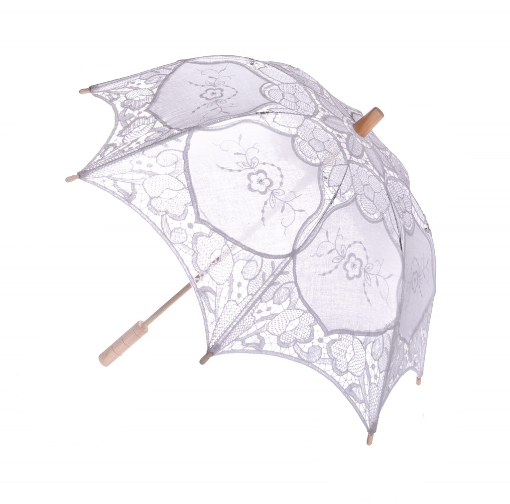 The perfect parasol for dress up or keeping the sun's harmful rays at bay. This beautiful, best-selling parasol is made from white cotton lace to help keep your little one's sunburn-free. White cotton lace Wooden handle, metal spokes Diameter when open: 23". Length when closed: 20".