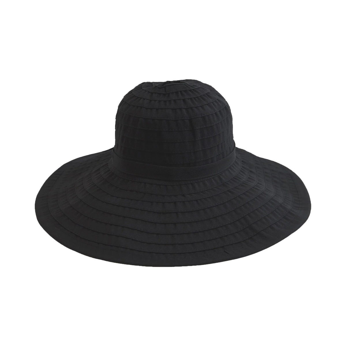 Wide brim black sun hat made from grosgrain ribbon on a white background.