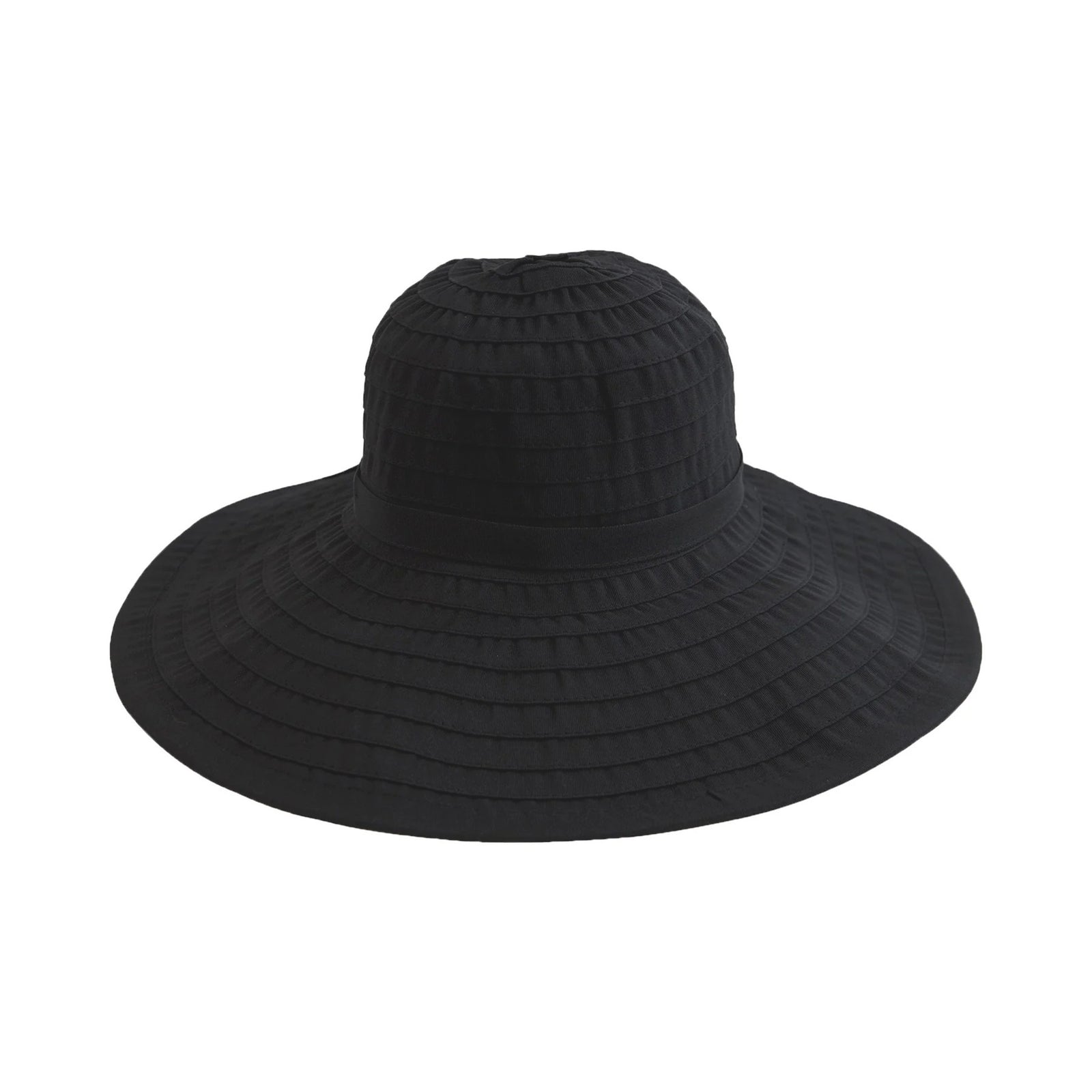 Wide brim black sun hat made from grosgrain ribbon on a white background.