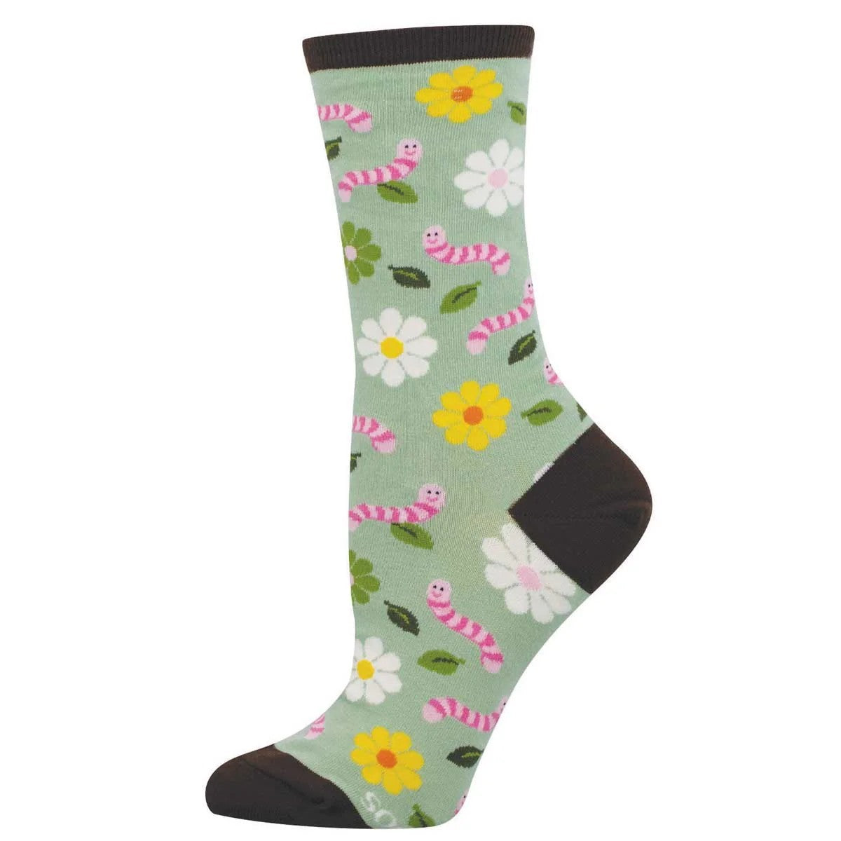 Colorful sock with floral and worm pattern on a light green background