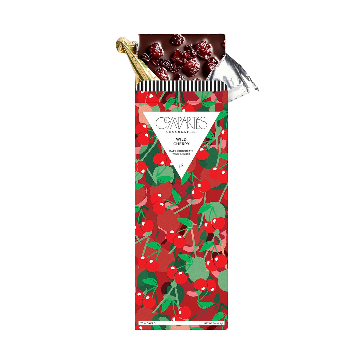 Cherry chocolate bar with cherry design packaging on a white background