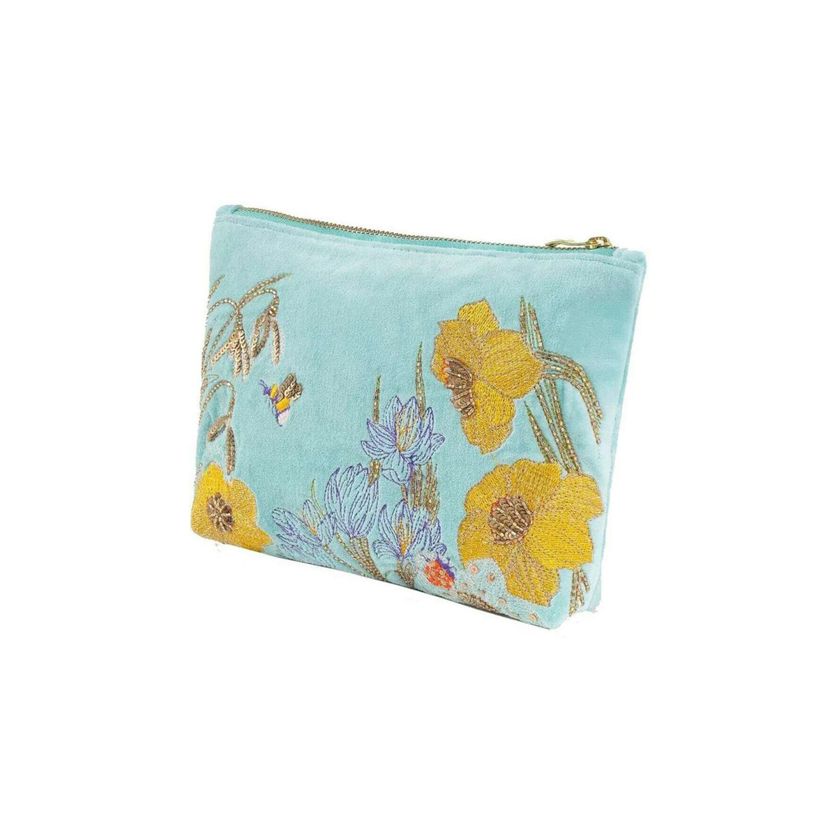 Floral embroidered pouch on a light blue background