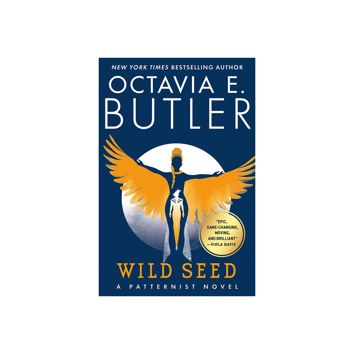 Book cover of 'Wild Seed' by Octavia E. Butler with a blue background and orange wings.