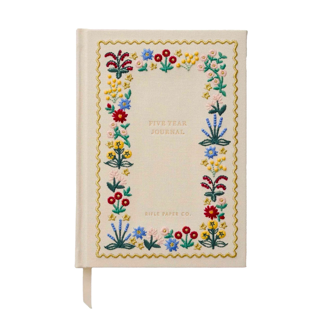 This book-cloth-wrapped, hardcover, gorgeously embroidered guided journal is designed to create a keepsake and capture five years of reflections. Inside, find sections for important dates, goals, moments to celebrate, places to visit, projects to tackle, dreams to pursue, things to remember, things to forget, and daily entries, plus a grosgrain ribbon bookmark