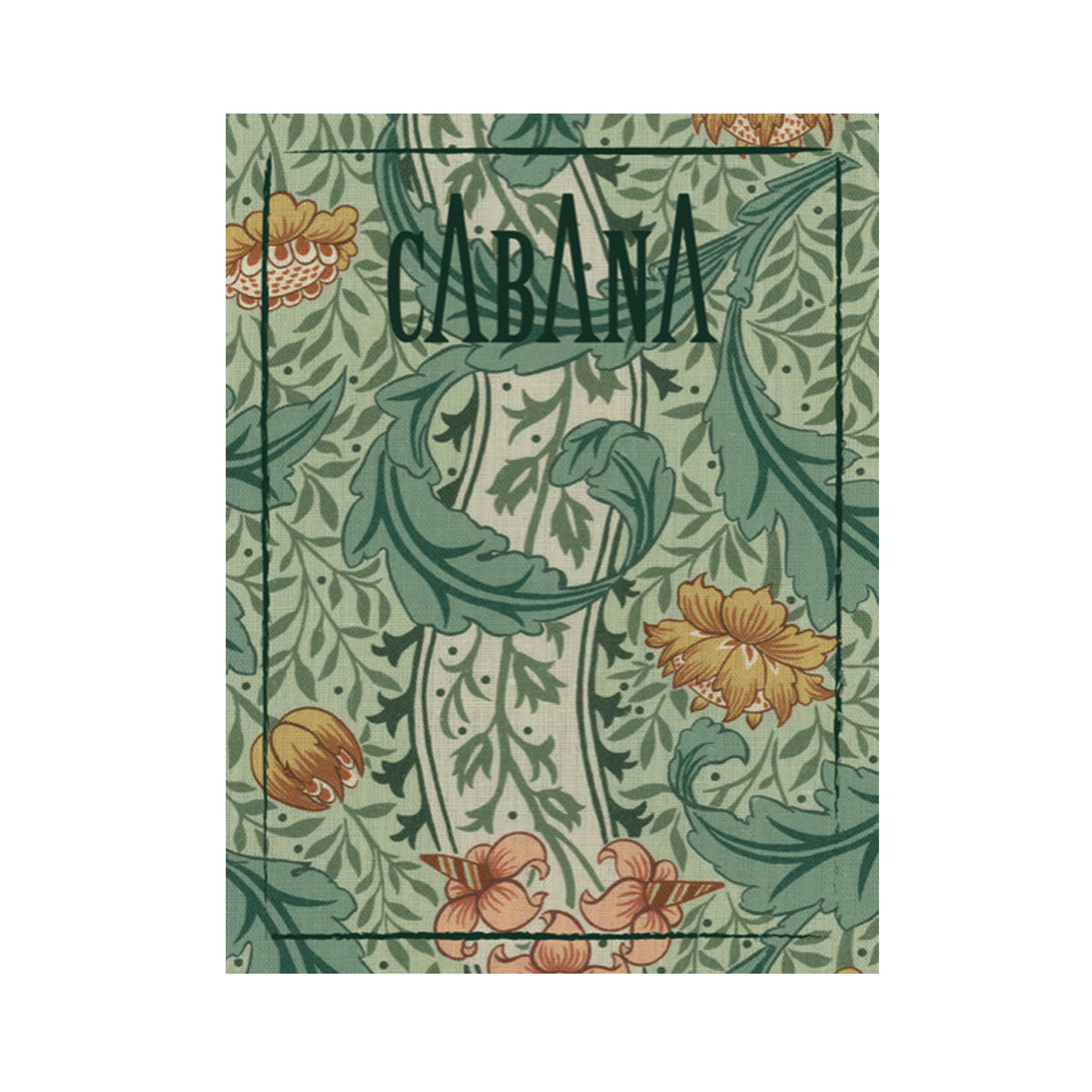 Magazine covered with a floral patterned fabric print from The Unfinished Works, Morris &amp; Co. x The Huntington collection, with &#39;Cabana&#39; branding on a white background