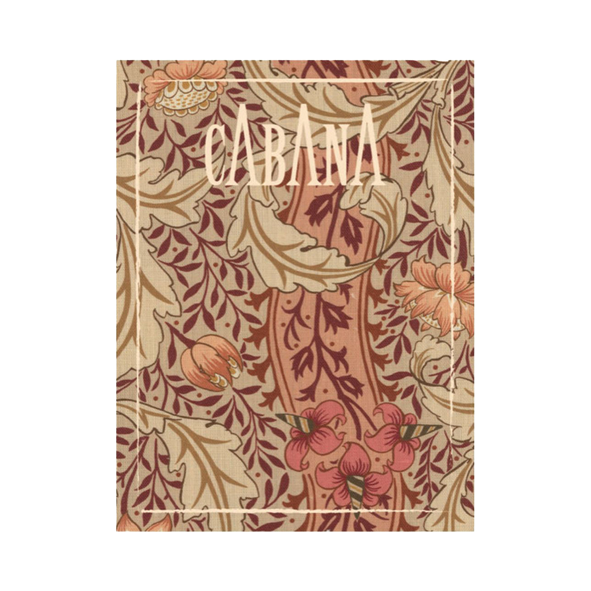 Magazine covered with a floral patterned fabric print from The Unfinished Works, Morris &amp; Co. x The Huntington collection, with &#39;Cabana&#39; branding on a white background