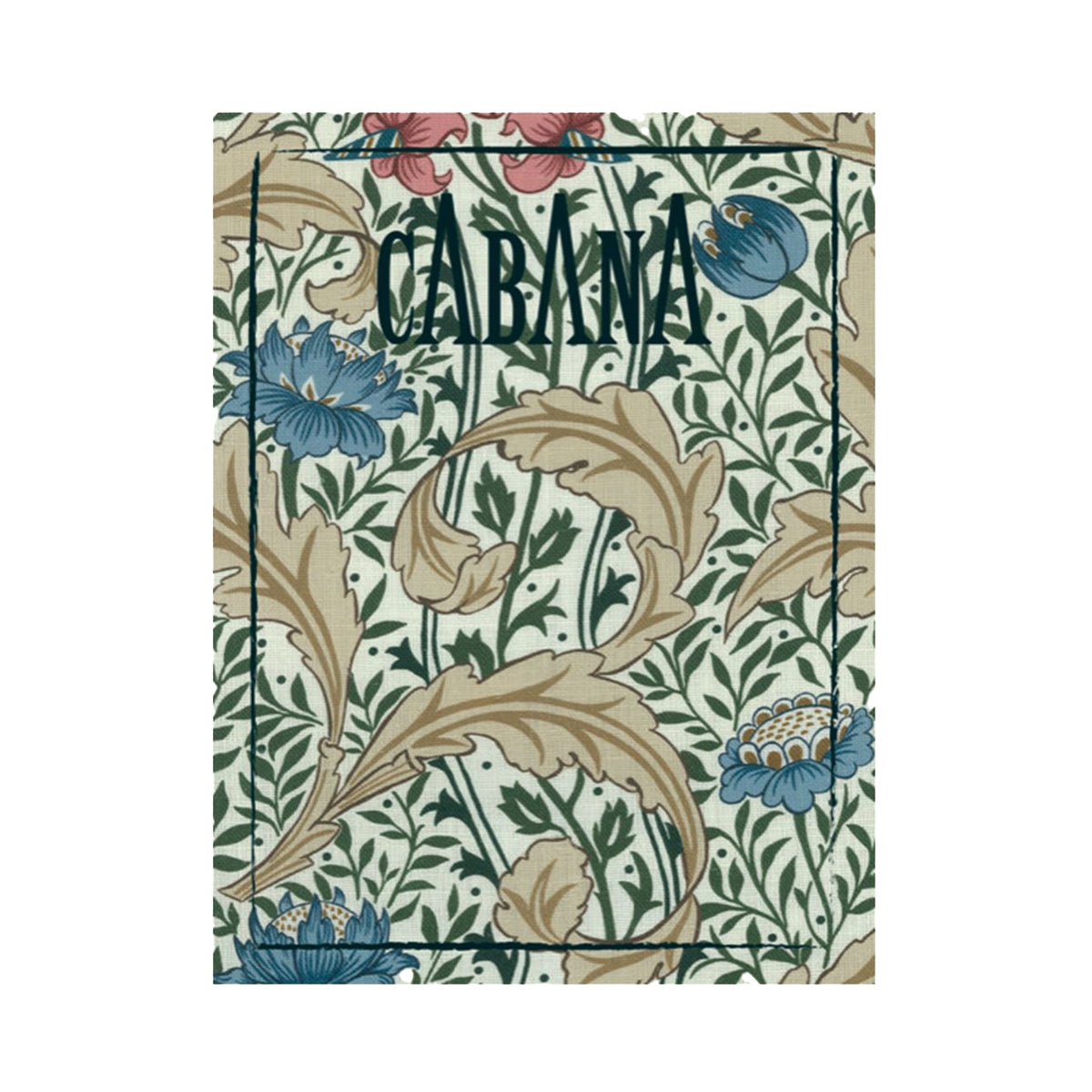 Magazine covered with a floral patterned fabric print from The Unfinished Works, Morris &amp; Co. x The Huntington collection, with &#39;Cabana&#39; branding on a white background