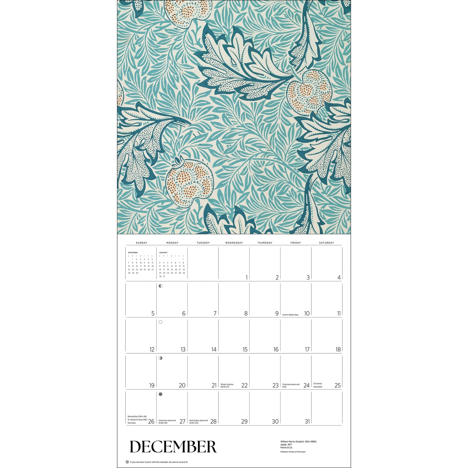 2027 wall calendar featuring designs by Arts & Crafts era designer, William Morris.