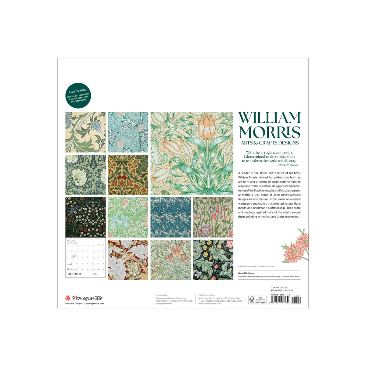 WILLIAM MORRIS: ARTS & CRAFTS DESIGNS WALL CALENDAR 2027