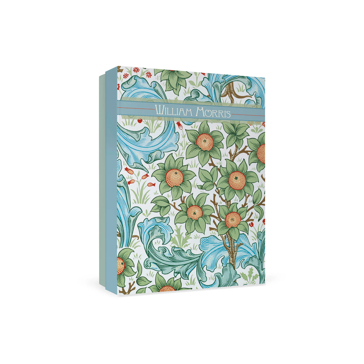 Decorative box containing notecards with floral design and 'William Morris' branding on a white background