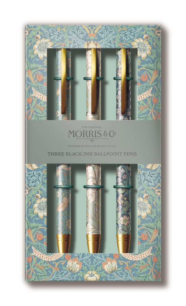 This beautiful, giftable pen set showcases three of the most loved William Morris designs - Daffodil, Strawberry Thief and Willow Bough. Each ballpoint pen features a gold-colored tip and clip and contains high-quality black ink. These pens are sure to make writing a pleasure! Set of three black ink, ballpoint pens.
