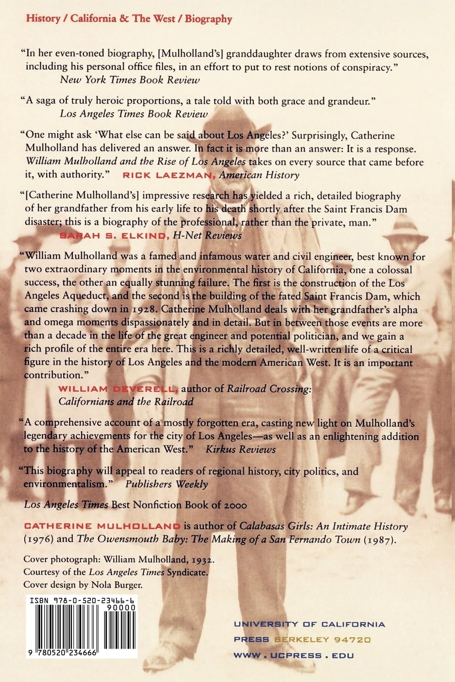 William Mulholland presided over the creation of a water system that forever changed the course of southern California's history. Mulholland, a self-taught engineer, was the chief architect of the Owens Valley Aqueduct―a project ranking in magnitude and daring with the Panama Canal―that brought water to semi-arid Los Angeles from the lush Owens Valley