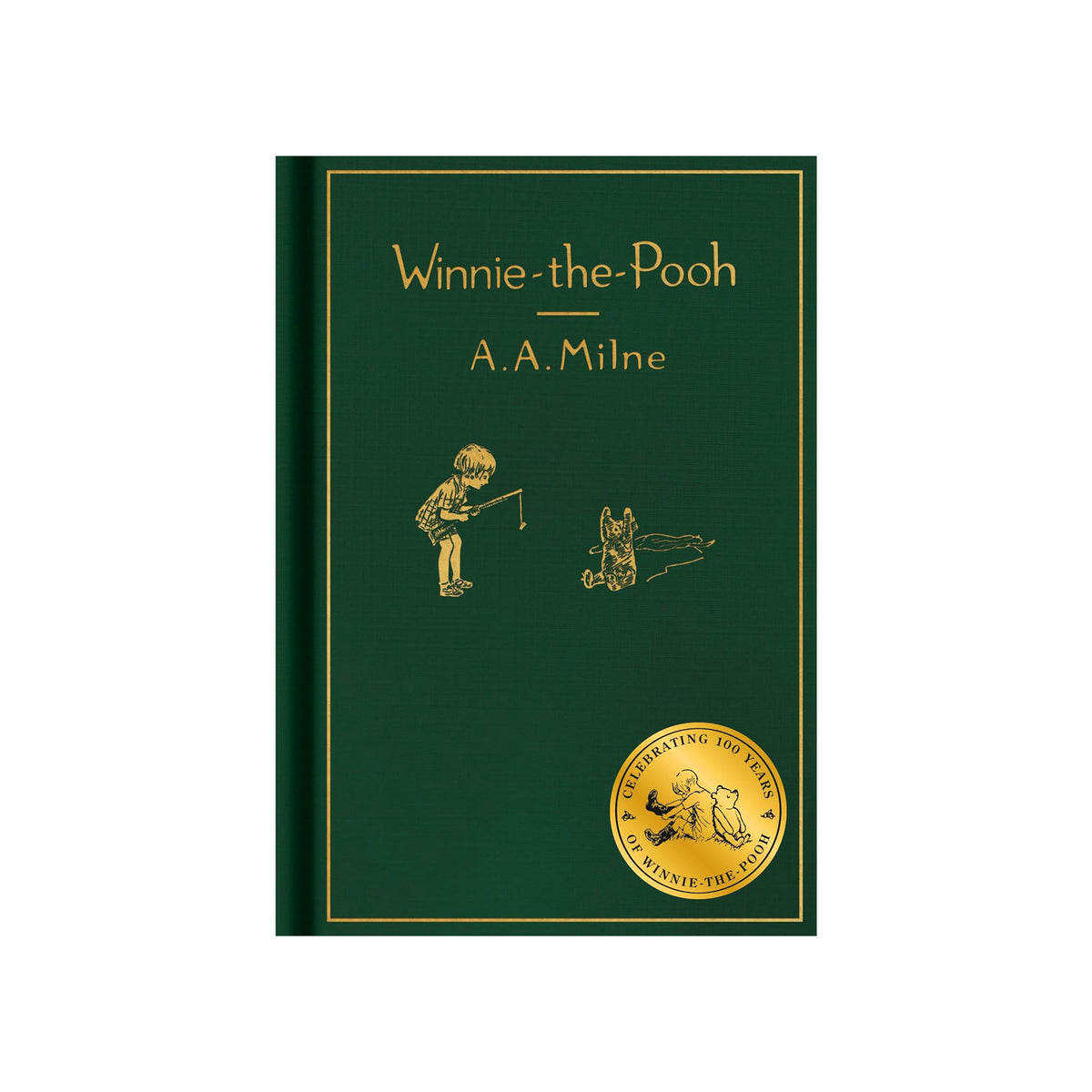 Green book cover of 'Winnie-the-Pooh' with gold text and illustrations on a white background