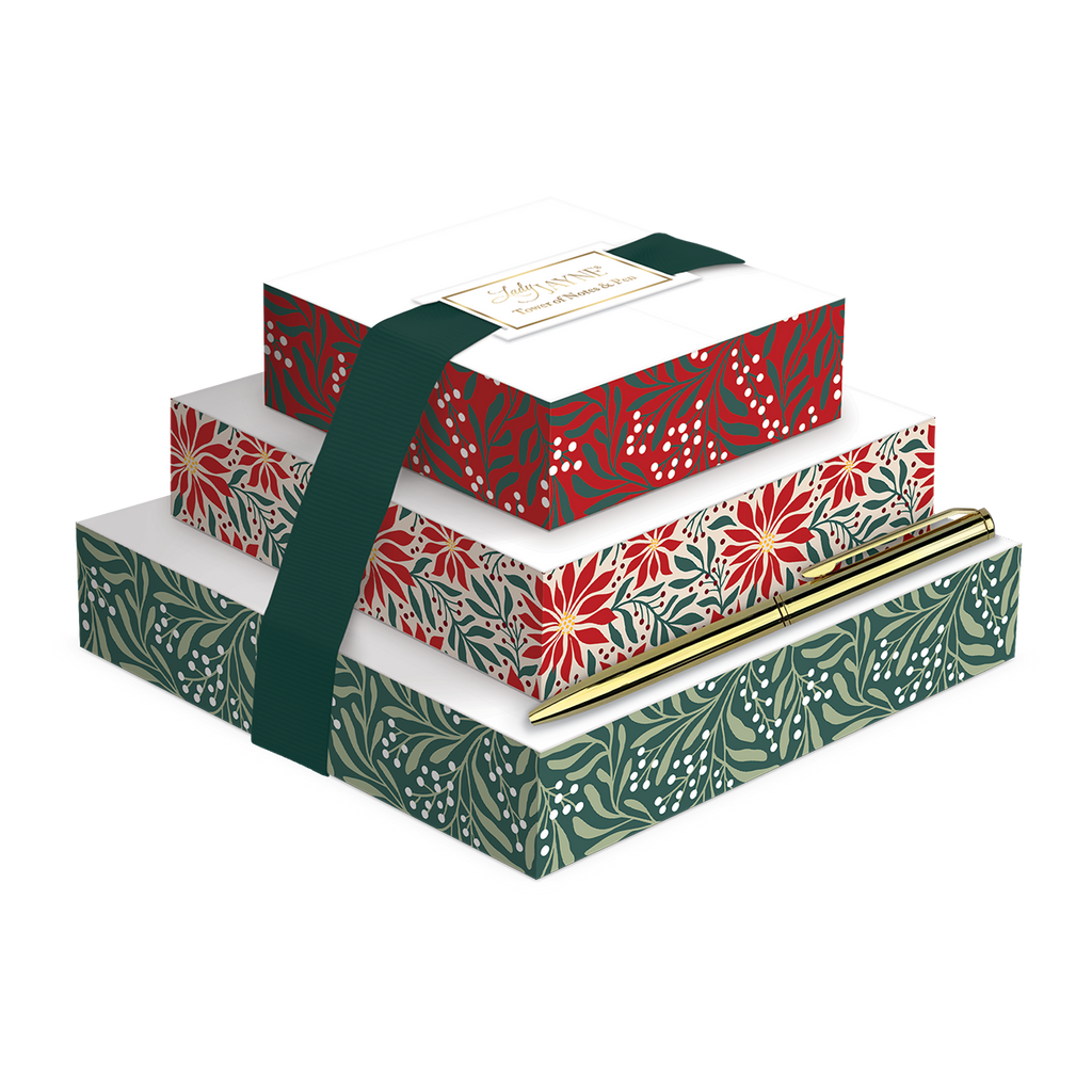 Bring a festive touch to your notes and reminders with this holiday-themed set of note pads. Great for a gift or for making your own holiday notes! Three stacked notepads - 200 sheets each pad - Dimensions: 5" x 5", 4" x 4" and 3" x 3" Gold metallic ballpoint pen.