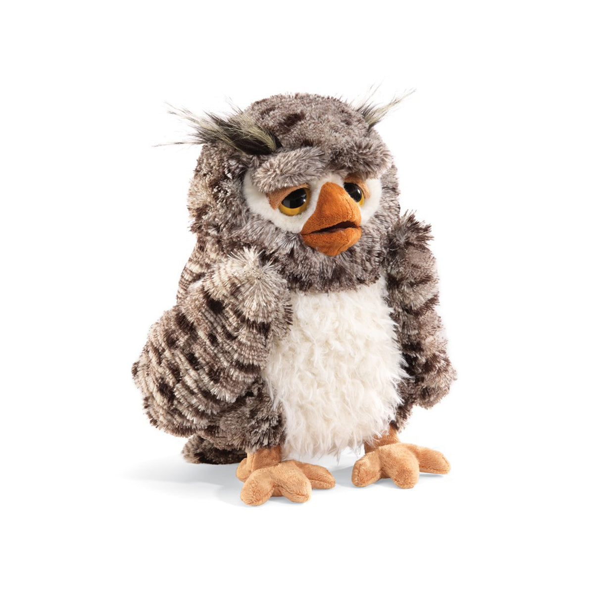 A plush owl toy hand puppet with brown and gray mottled feathers, a white chest, orange beak, and tan feet, photographed on a clean white background.