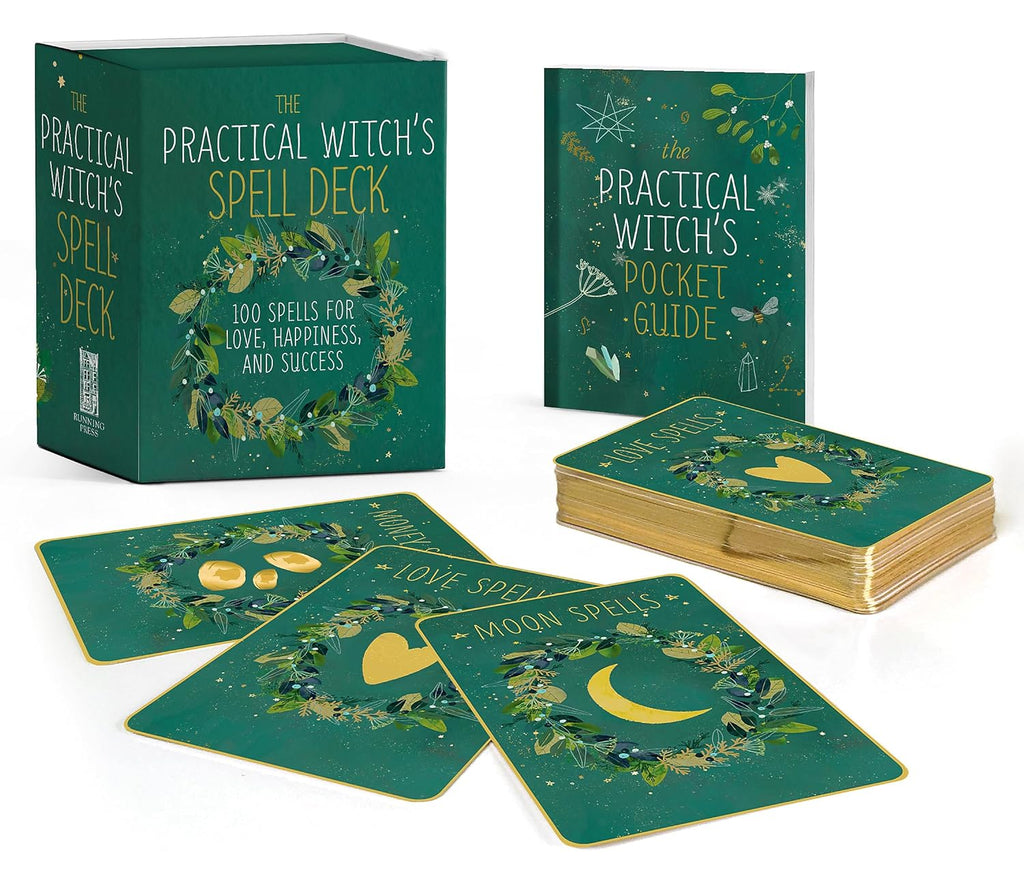 The Practical Witch's Spell Deck is a charming collection of 100 spells for love, joy, prosperity, healing, and more, with an illustrated card deck, an introduction to spells, and a beautiful magnetic closure keepsake box. 2-1/2" x 3-1/2".