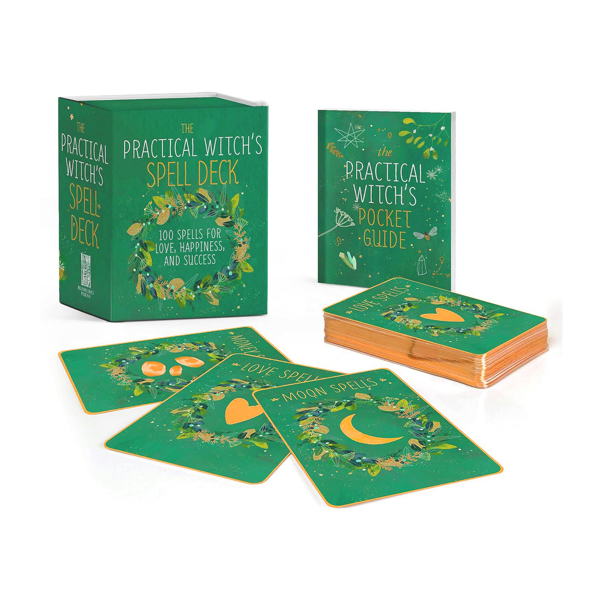 The Practical Witch's Spell Deck set on a clean white background, including a green box, a green pocket guide book, and several illustrated cards showing yellow moon and heart designs.