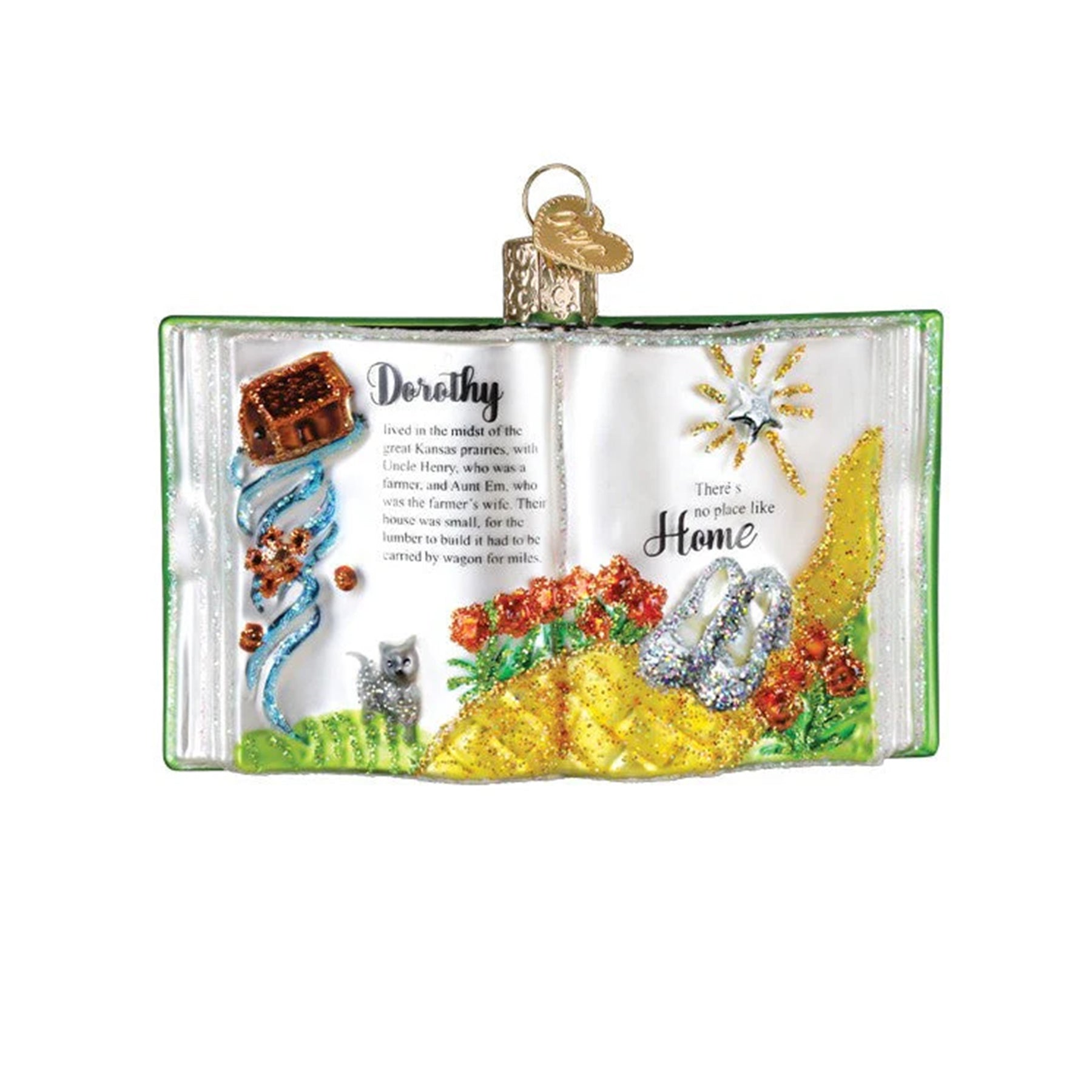 Holiday ornament shaped like a copy of the book 'The Wizard of Oz' on a white background