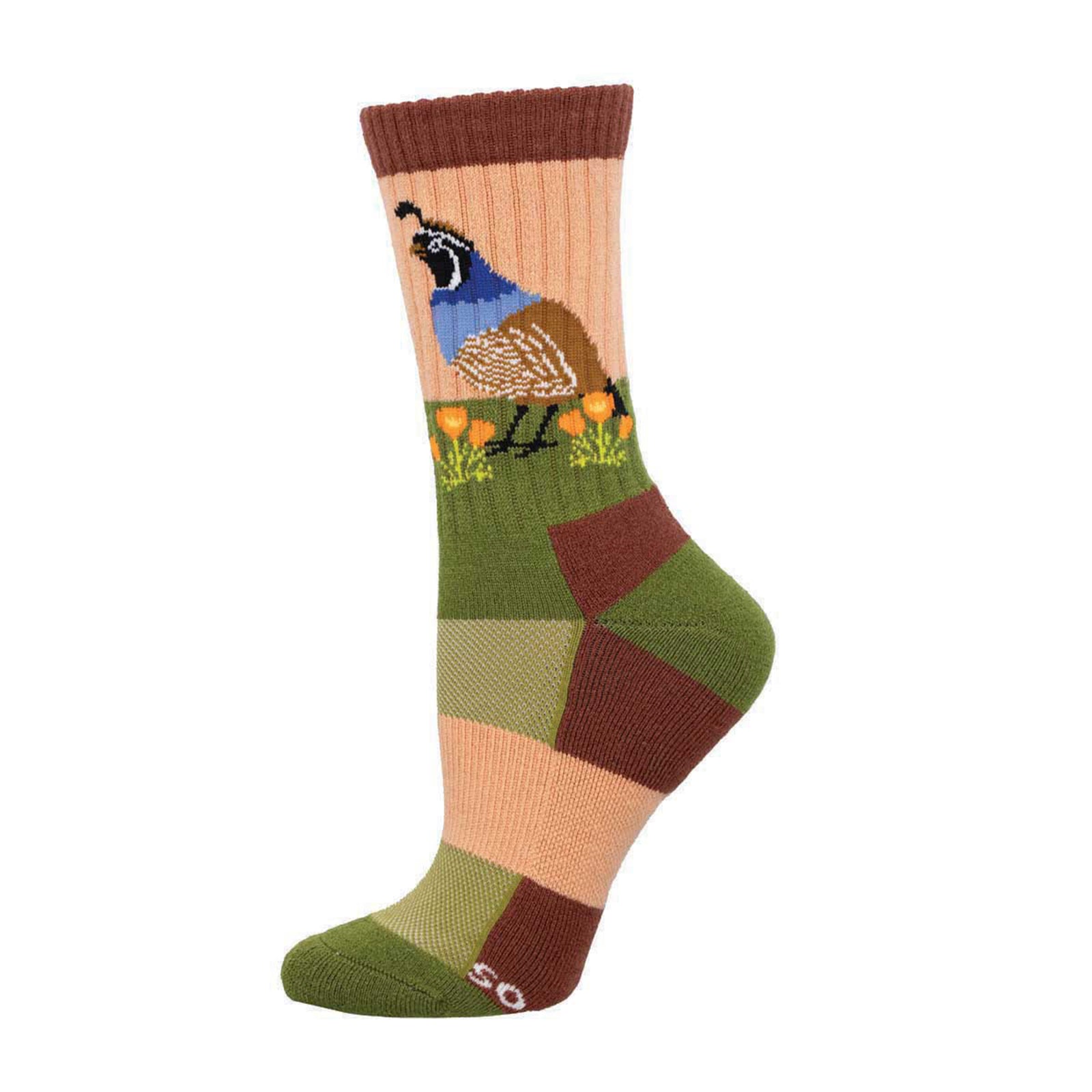 Colorful sock with a bird design on a white background