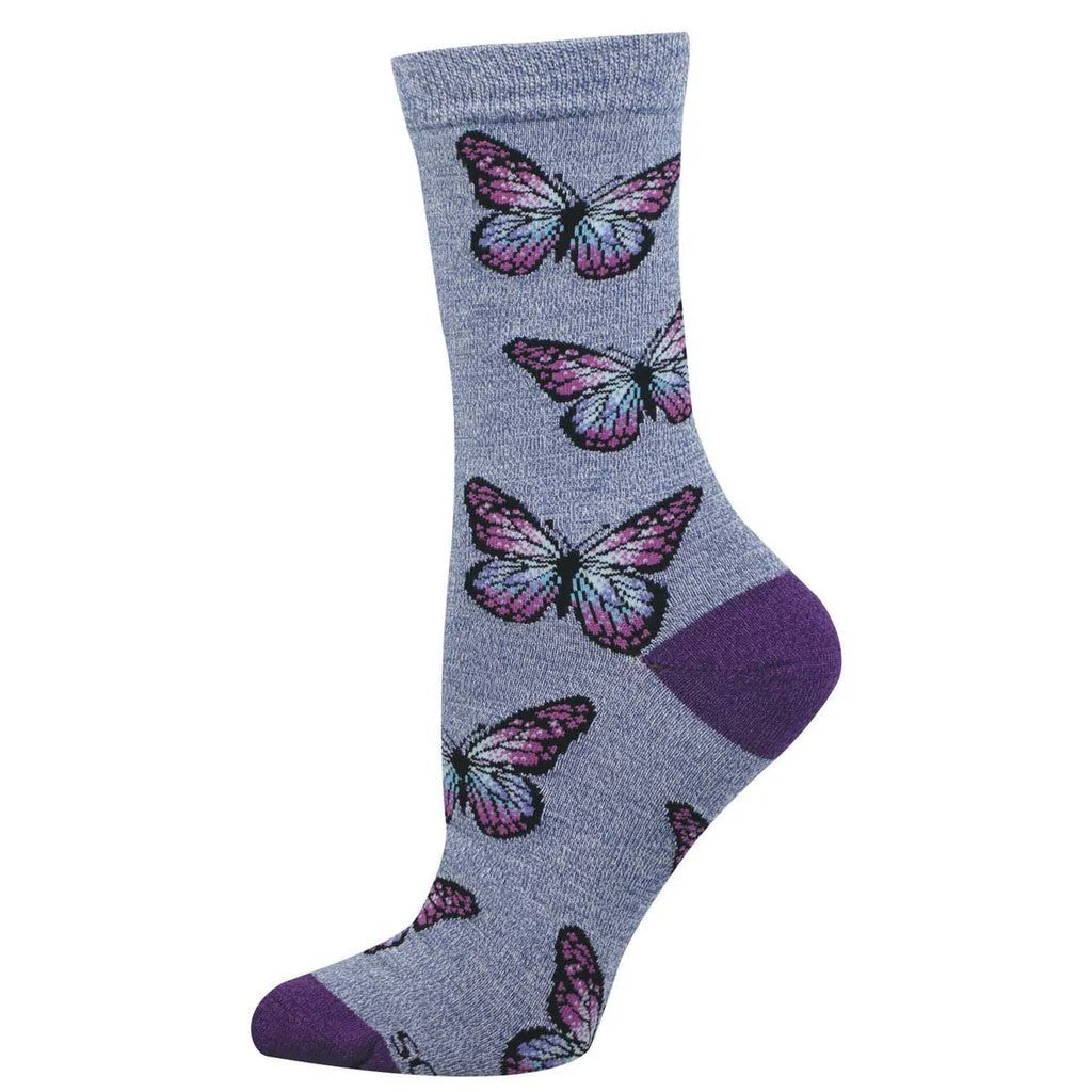 Lilac socks with purple butterfly designs on a white background