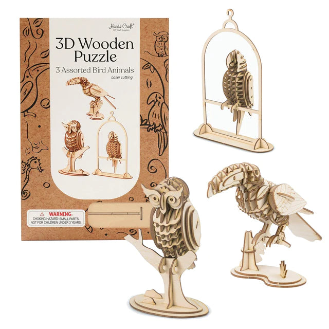 Create three impressive, 3D wooden bird models with this engaging craft kit. This kit includes an owl, parrot, and toucan. Stimulates creativity, focus, fine motor skills, and patience. Laser cut wood model kit. Recommended age: 12+.
