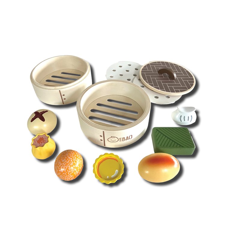 This wooden dim sum set will keep your child engaged for hours! Features 7 wooden food items and two wooden steamer baskets. Set contains 2 stackable steamers, 2 steamer papers, 1 steamer lid, 1 steamed pork dumpling, 1 shrimp dumpling, 1 BBQ pork bun, 1 lotus wrapped rice, 1 egg tart, 1 crispy dumpling, 1 sesame ball.