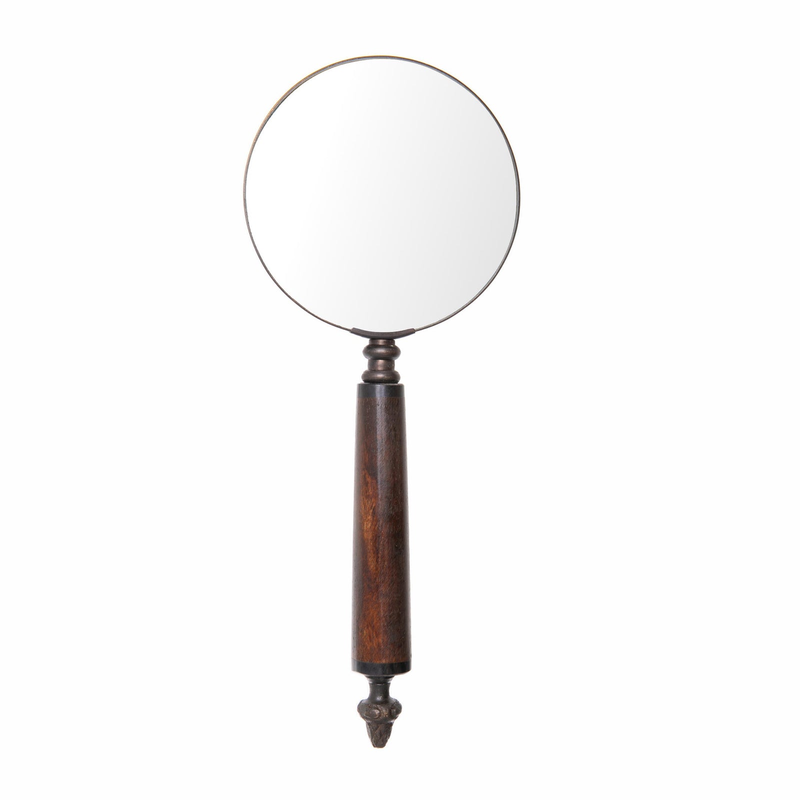 Vintage-style magnifying glass with wooden handle on a white background