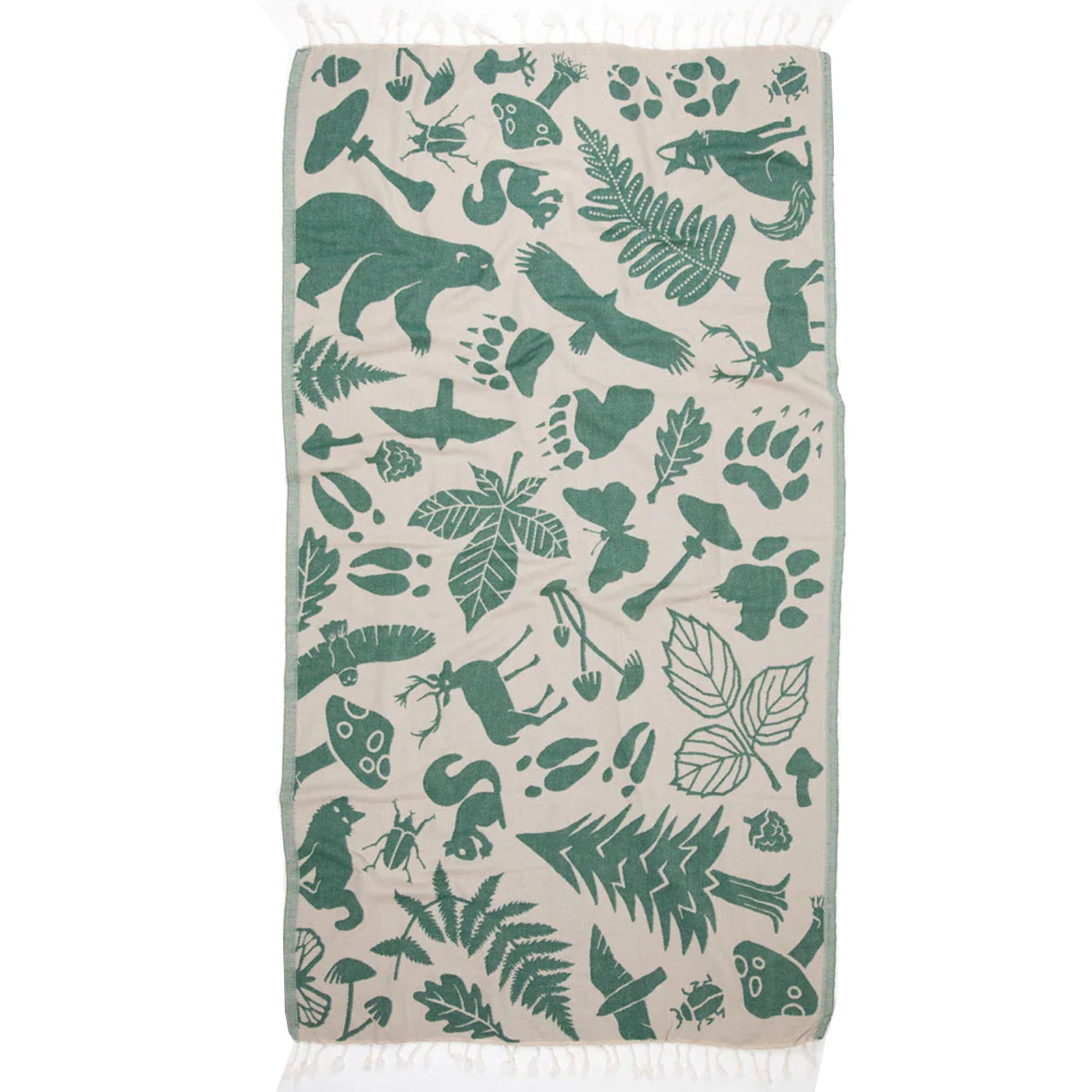 Beige towel with green forest animal and plant pattern on a white background