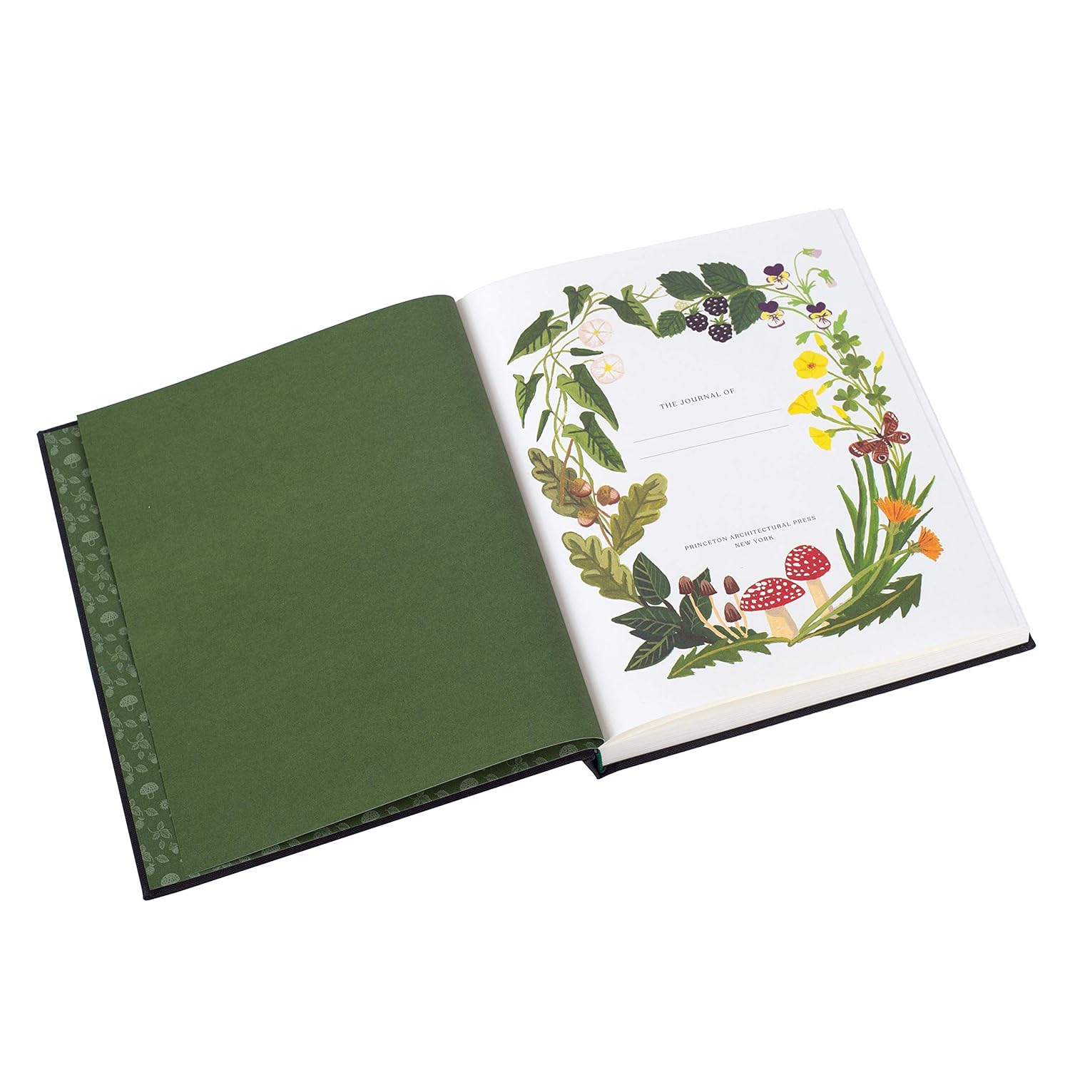 Green journal with nature-themed design on a white background