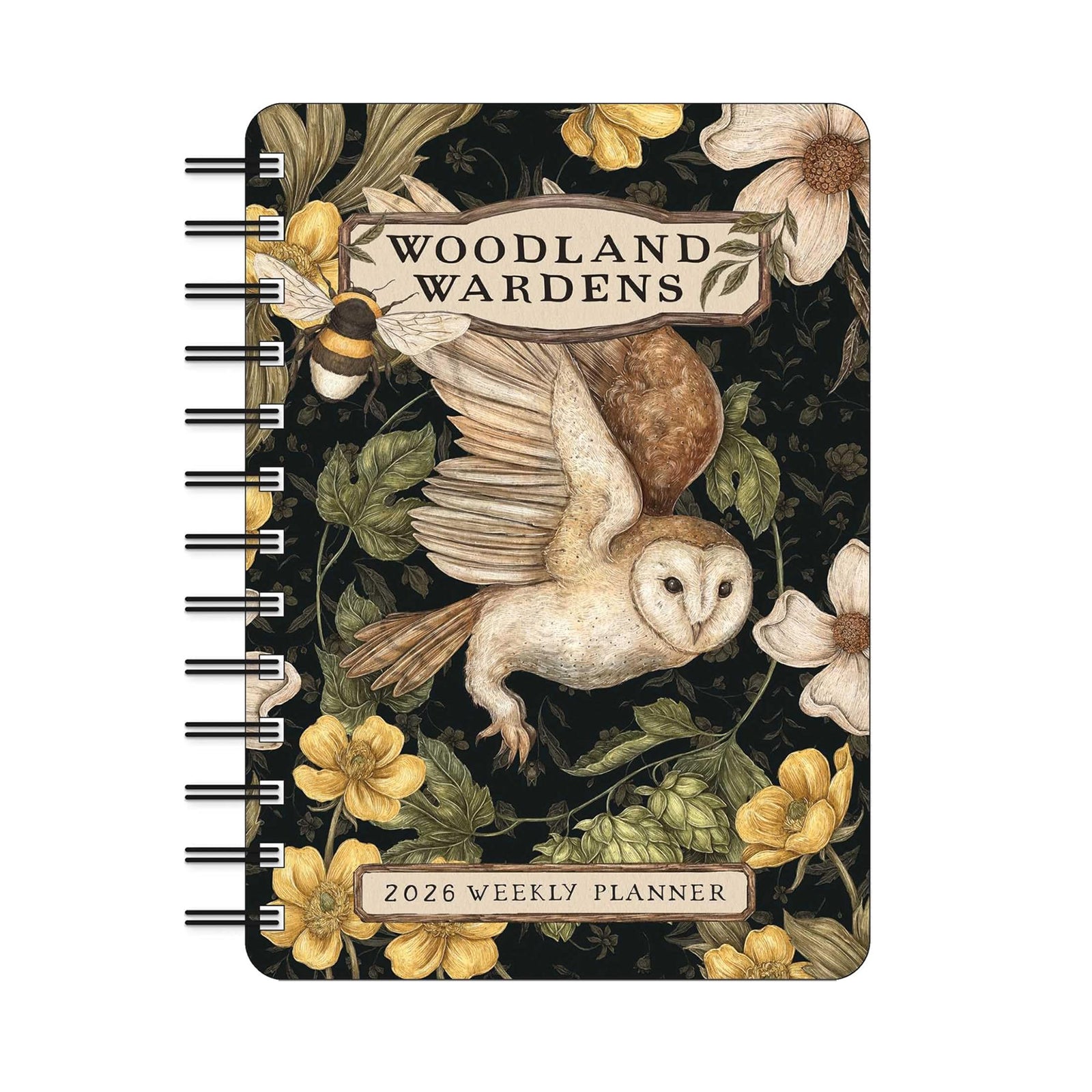 Woodland Wardens 2026 weekly planner with owl and floral design on a black background