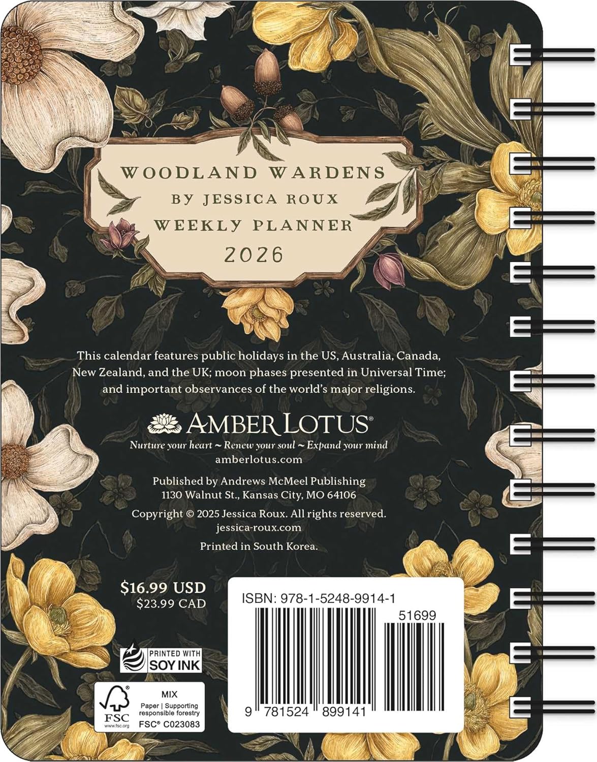 Woodland Wardens 2026 weekly planner with owl and floral design on a black background