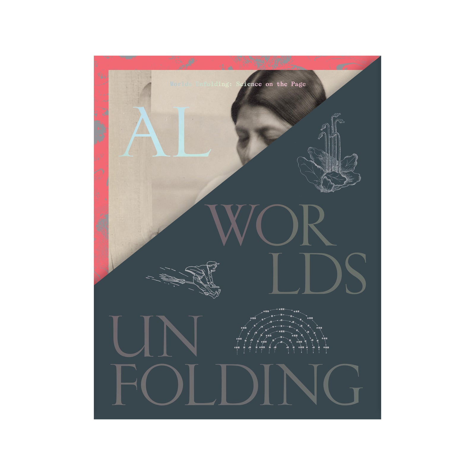 Book cover with a woman's face and text 'WORLDS UNFOLDING' on a white background