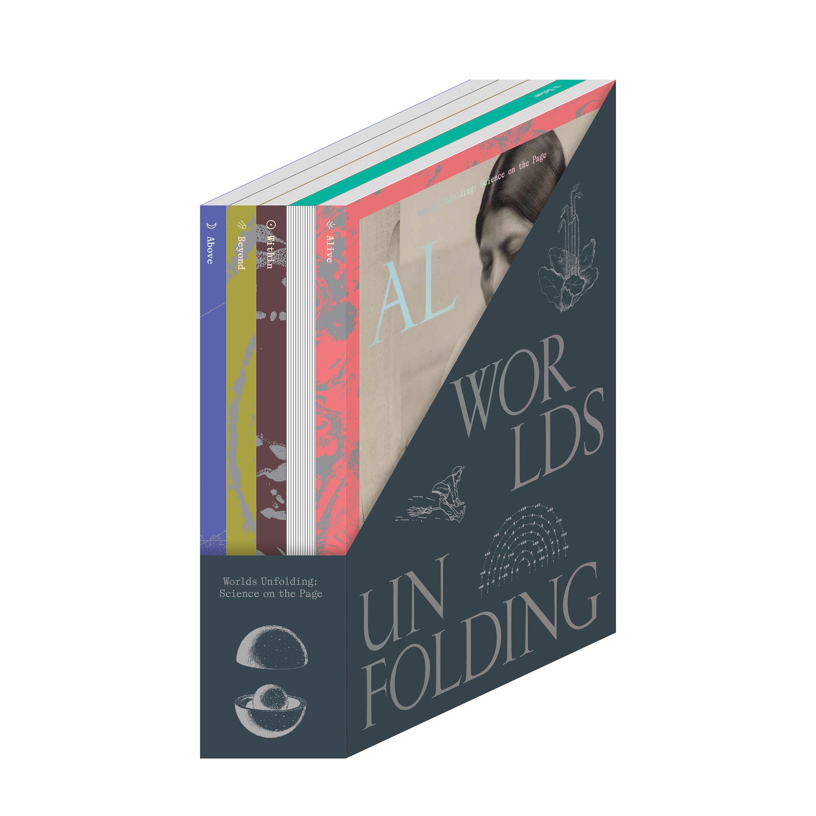 Book cover with a woman's face and text 'WORLDS UNFOLDING' on a white background