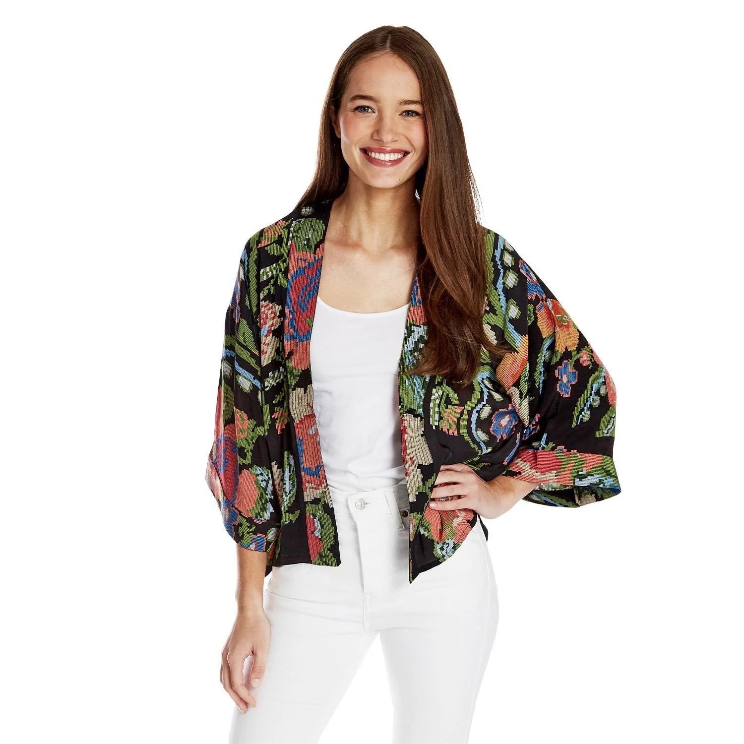Colorful patterned jacket on a mannequin against a white background
