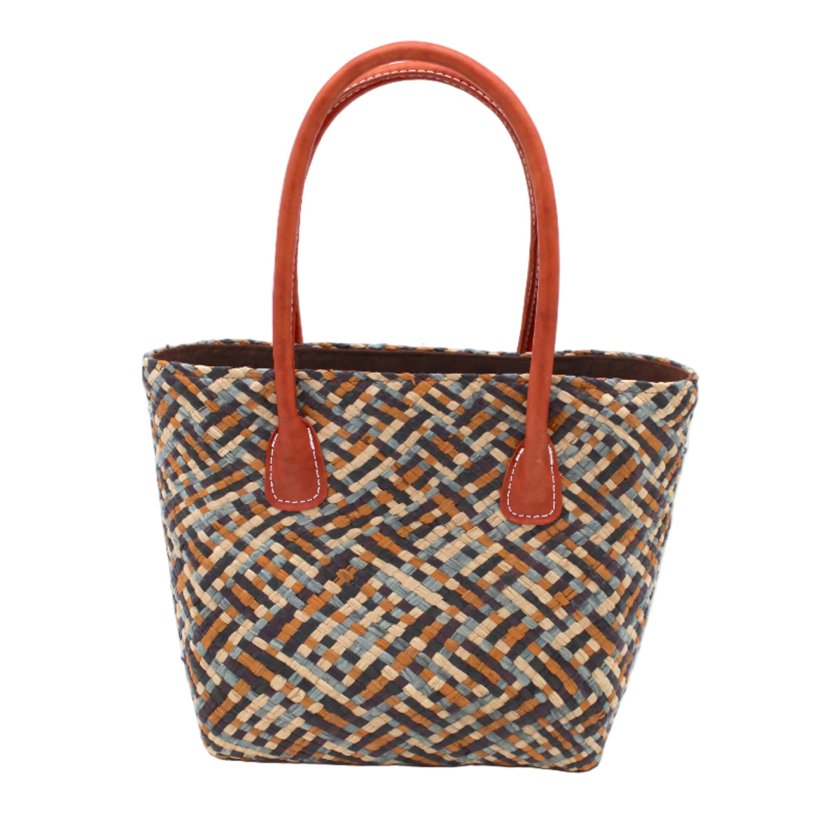 Woven handbag with brown leather handles on a white background