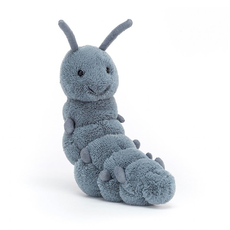 Sitting up to say hello, it's cheery, chatty Wriggidig Bug! Squiggly and smiley, this snuggly bug has quite the quirky quilted tummy! With diddy legs, suedey feelers, a weighted bottom and a big bug smile. Tucked in a tree or sat on the bed, our podgy pal is full of outdoor fun. Hand wash only. Size: H7" X W2" All ages