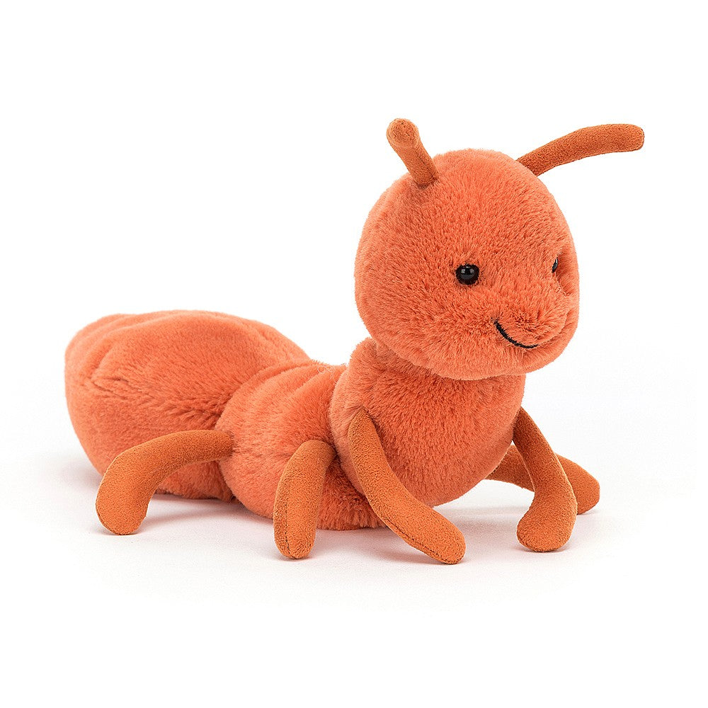 Wriggidig Ant is such a busy bug, seeking food and helping run the anthill! This ginger jokester has bobbly segments, a squishy bulb thorax and suedey antennae. With lots of leggos for speedy scuttles, a merry grin and plenty of friends, no wonder this ant is the leaf-lifting champ! Size: 5 x 6" Suitable from birth.