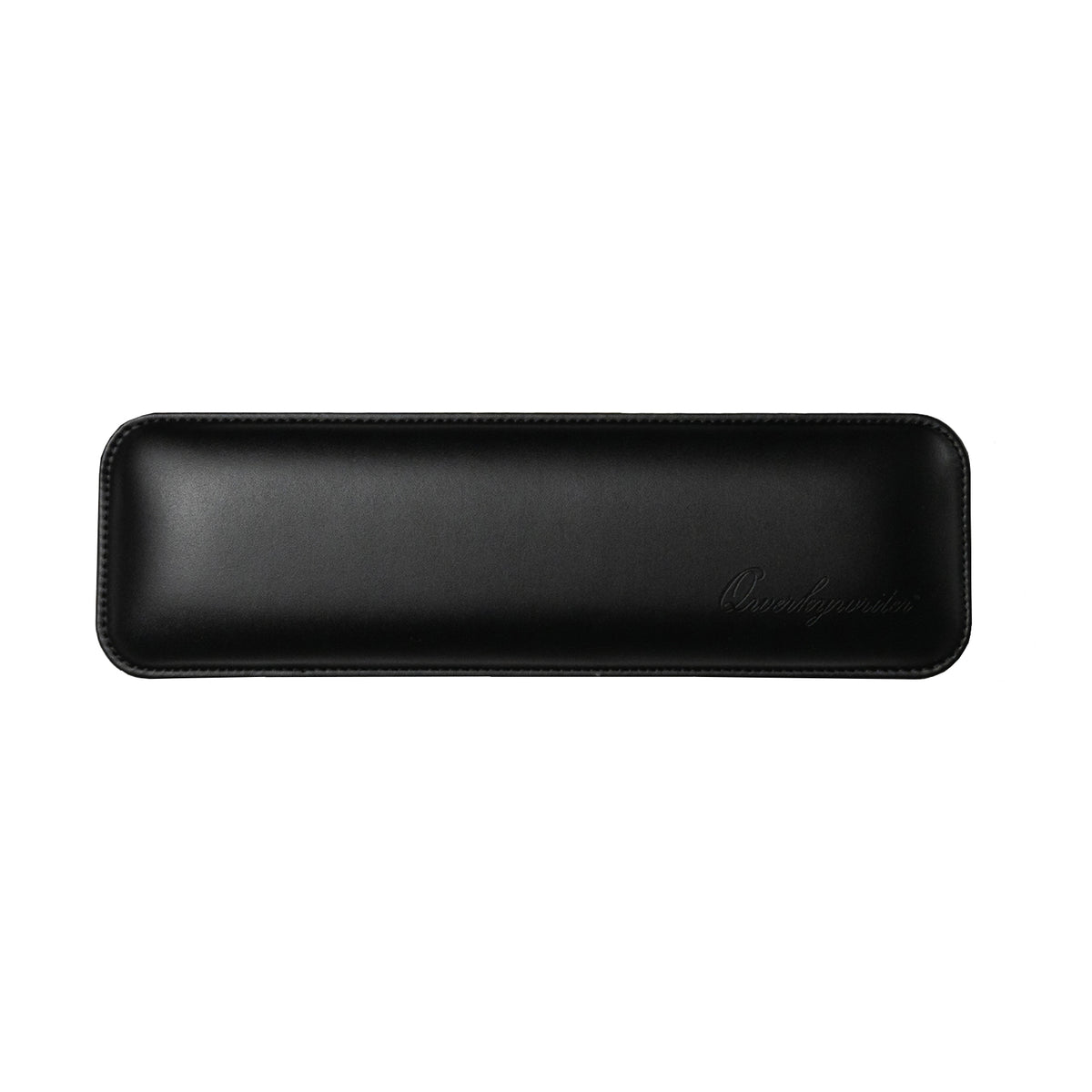 Black rectangular computer mouse wrist rest with &#39;Qwerkywriter&#39; branding on a white background