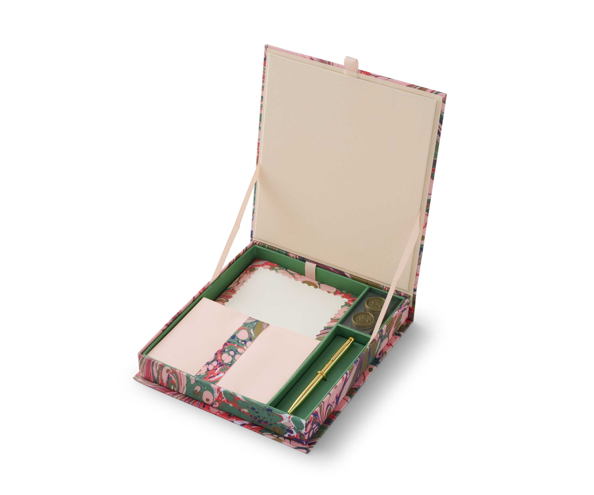 This beautiful, boxed letter writing set contains everything you need to keep up your correspondence, stylishly. It includes writing paper, envelopes, envelope seals and a gold pen, as well as a writing guide to help your letters look their best. Boxed letter writing set. Box dimensions: 8" x 9" x 1.5".