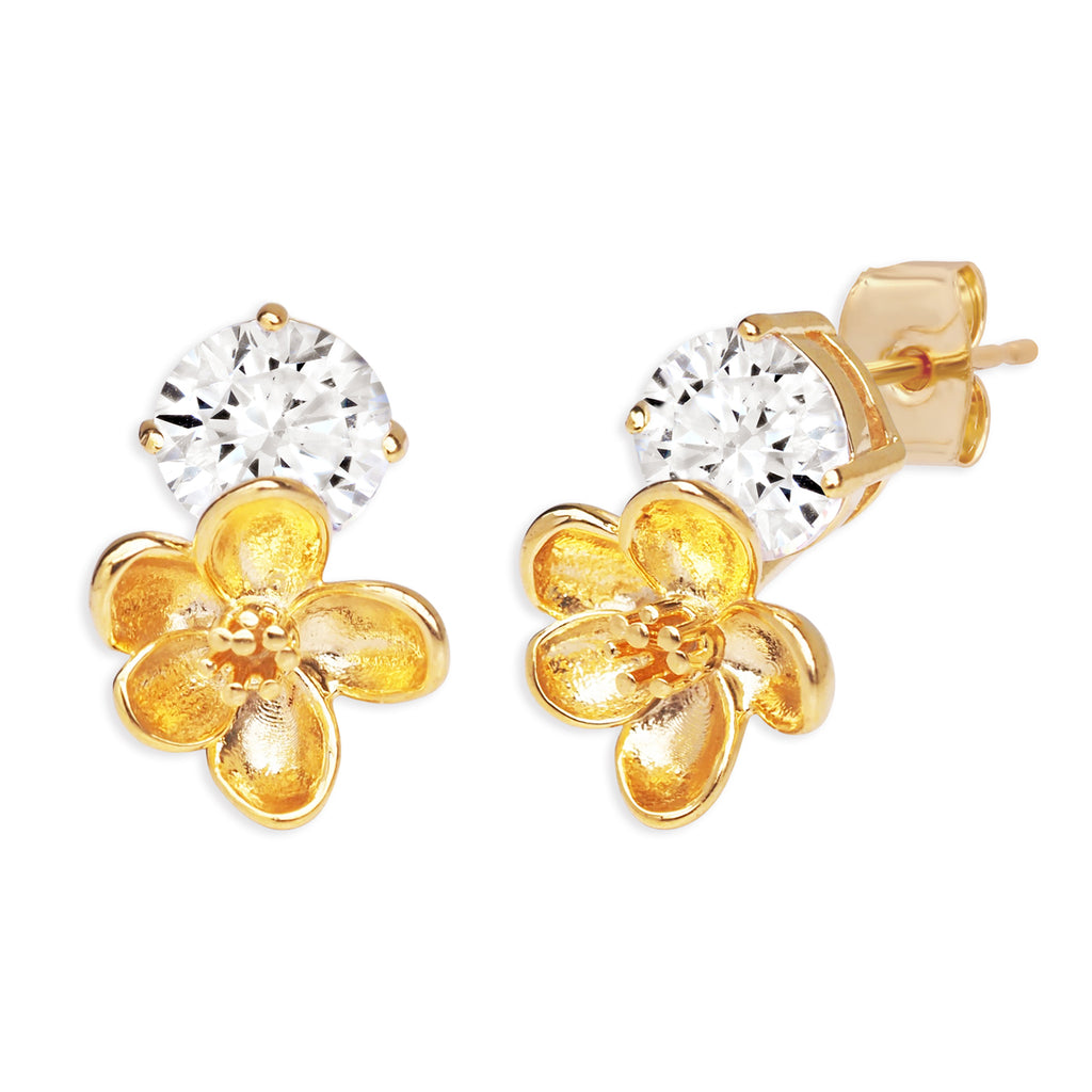 Add spring sparkle to your jewelry collection with these pretty flower blossom earrings. A gleaming golden bloom is accented with a sparkling crystal for just the right amount of elegance and shine. Materials: gold plated brass, cubic zirconia crystal Stud/post fastening Dimensions: 0.5" x 0.5"