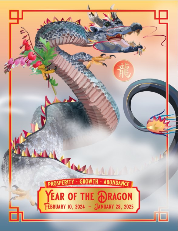2024 is the year of the Wood Dragon, according to the Lunar New Year tradition. It is a particularly auspicious sign, promising prosperity, growth and abundance for all. The front of this festive card features a dragon holding 'lucky' flowers. Gold envelope included. Blank inside. 4.25" x 5.5".
