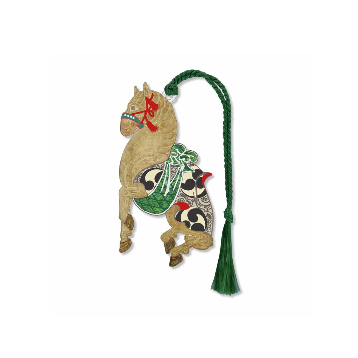 Decorative horse bookmark with a green tassel on a white background