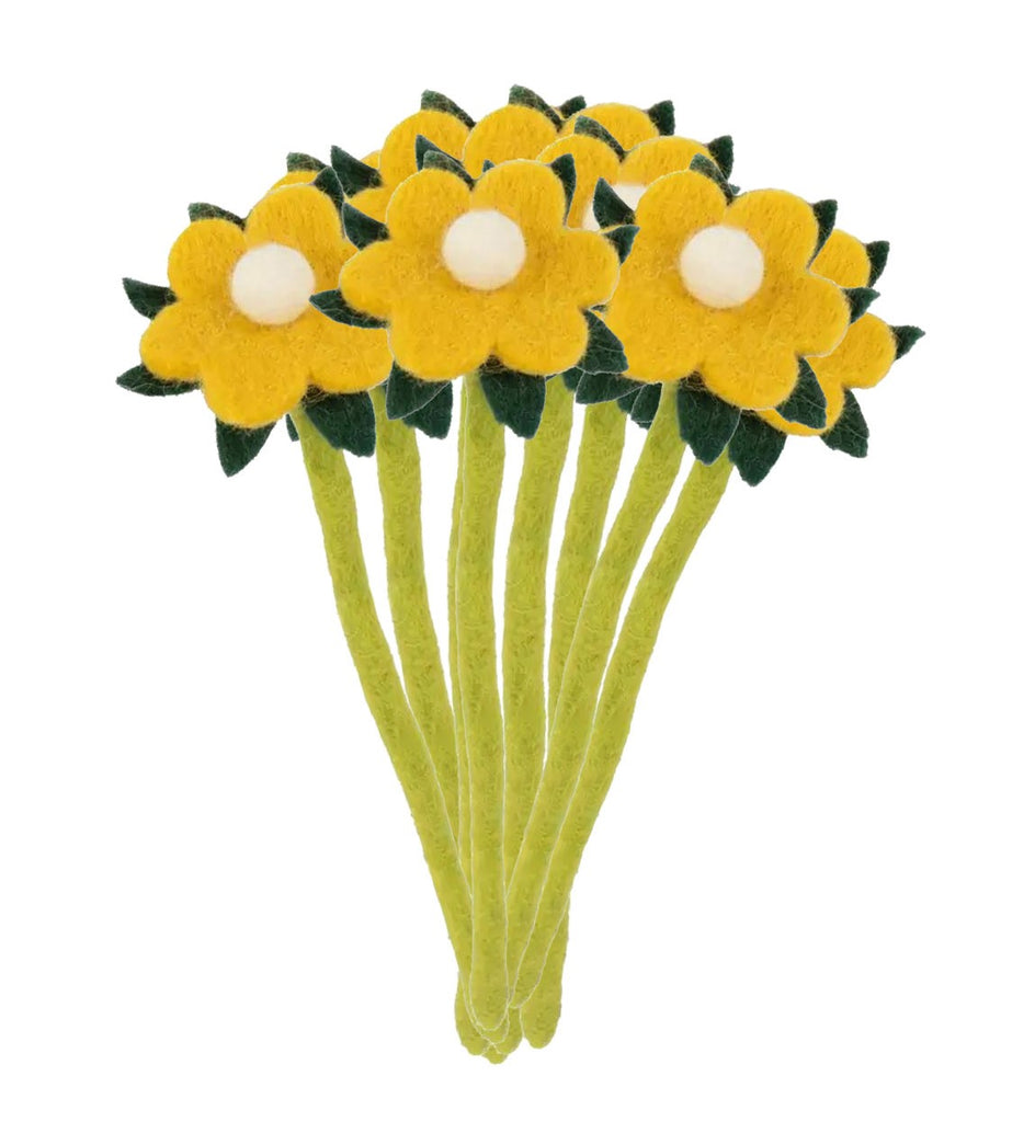 Decorate your dinner table, kids' room, and more with flowers that won't wilt! This felt flower stem is hand crafted from wool felt and will add a sunny touch to any room. Add a single stem to a narrow vase or buy a bunch to create a more dramatic display. Single felt floral stem. Dimensions: 9" x 2.5".