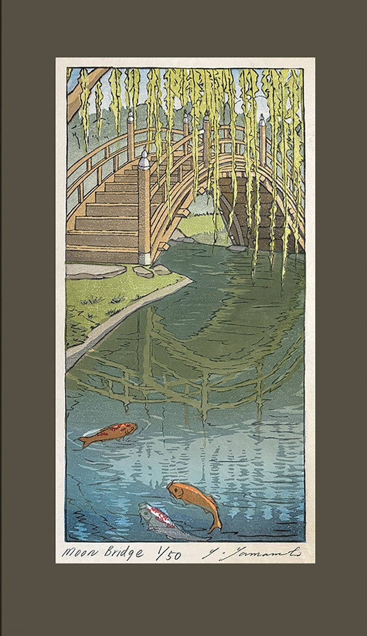 Wooden bridge over water with willow trees and fish, Japanese-style illustration.
