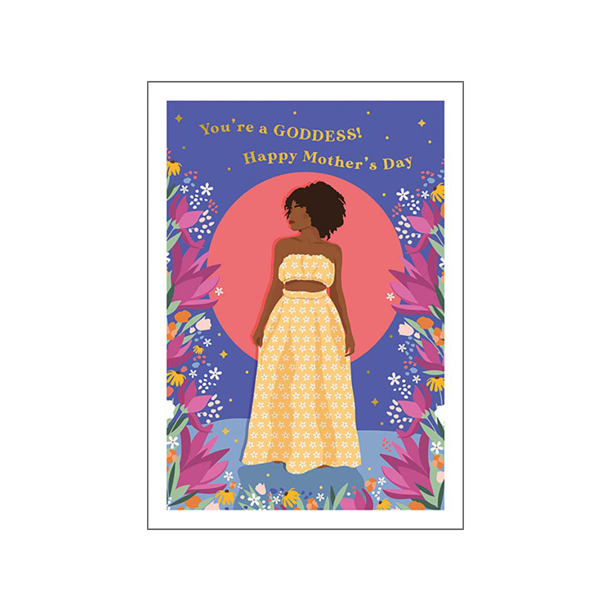 Mother's Day card with a woman in a yellow dress and floral design on a blue background.