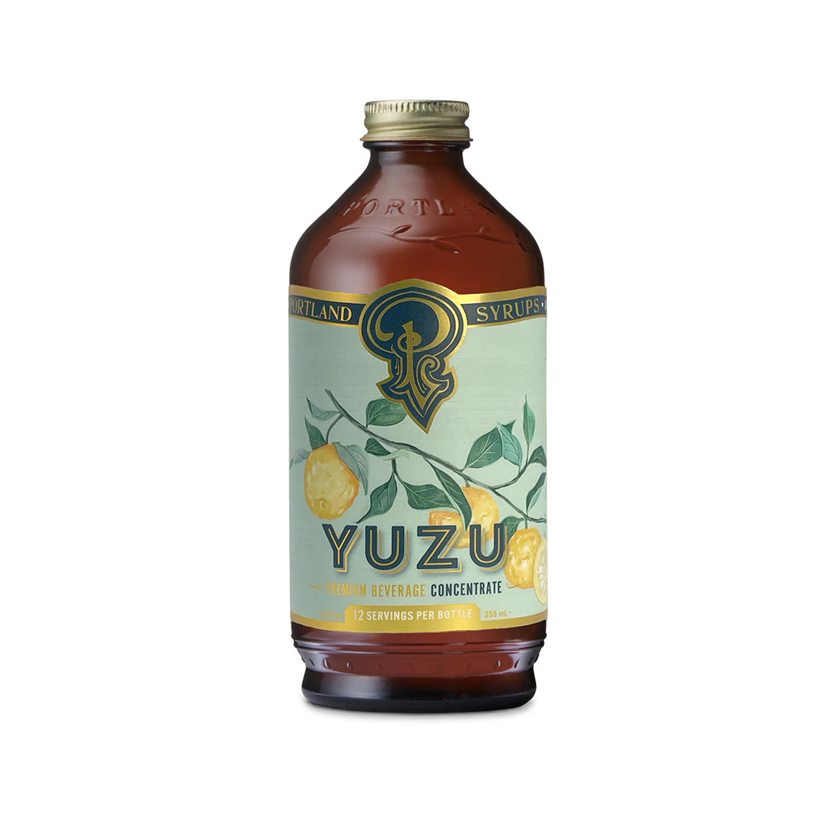 Yuzu beverage concentrate bottle with label on a white background